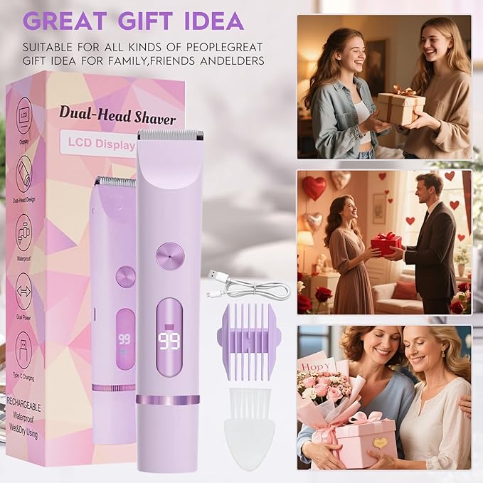 2025 Upgraded Dermave Bikini Shaver - 2 in 1 Bikini Trimmer for Women with LCD Display, Dual Head Cordless Electric Shaver, IPX7 Waterproof Wet/Dry Body Hair Trimmer for Face,Purple-VivaGrace Women