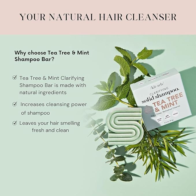 Kitsch Tea Tree & Mint Shampoo Bar - Anti Dandruff Shampoo for Itchy Scalp and All Hair Types - Natural Hair Shampoo Bar with Mint - Vegan Hair Care, Paraben & Sulfate Free, Made in USA - 3.2oz