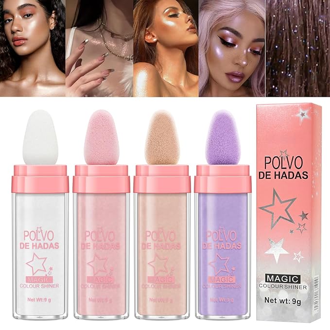 URQT 4 Color Polvo De Hadas Fairy Dust Highlight Patting - Full Body Contouring and Clavicle Pearlescent Patting Powder for Face and Eye, Christmas Sparkling Body Glitter (4 Pack)