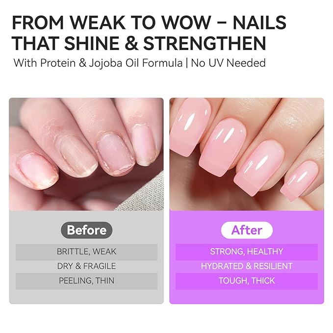 gelike ec Protein Nail Growth and Strengthener Polish: Milky Pink 15ml Natural Nail Strengthener for Weak and Damaged Nails - Protein Nail Hardener for Home Salon Outdoor