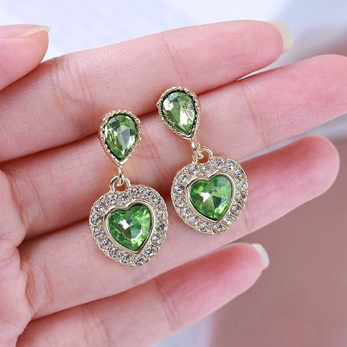 Vintage Emerald Heart Earrings Emerald Cz Teardrop Earrings Rhinestone Heart Drop Earrings Green Gemstone Stud Earrings Jewelry for Women(Green)-VivaGrace Women
