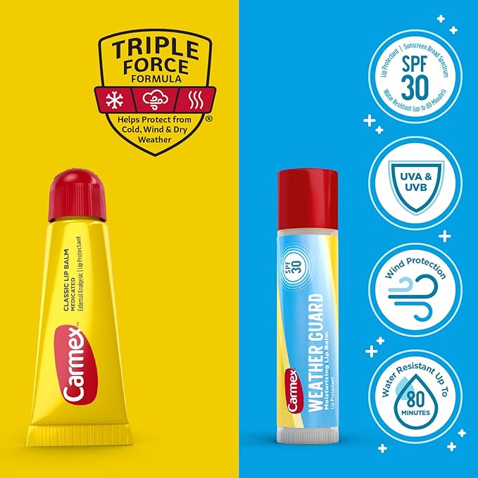 Carmex Lip Balm Bundle, 12 Count (9 Classic Lip Balm Tubes, 3 Weather Guard Lip Balm with SPF 30 Sticks)-VivaGrace Women