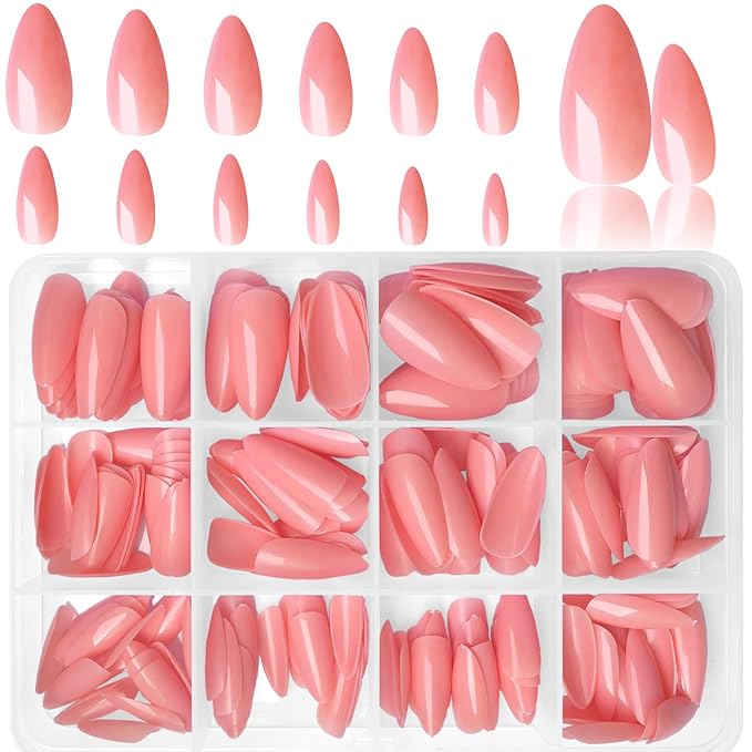 LoveOurHome 240pc Gel Almond Press on Nails Medium Stiletto Fake Fingernails Full Cover False Artificial Nail Tips Pink Manicure Decor with Tabs for Women Girls