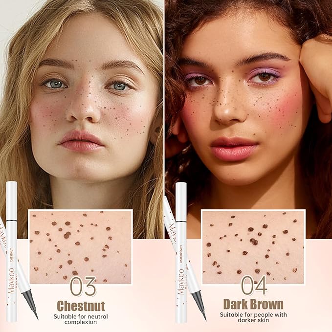 4 Colors Freckle Pen Set, Natural Lifelike Face Fake Freckle Stamp Makeup Pen Waterproof Long Lasting Quick Dry Faux Freckles Sun-kissed Makeup-Light Brown,Natural Coffee,Chestnut,Dark Brown-VivaGrace Women