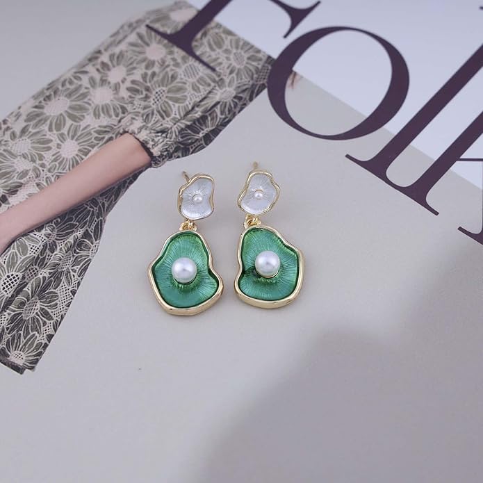Vintage Lotus leaf Pearl Drop Earrings Green Lotus Leaf Earrings Green Enamel Flower Earrings Gold Irregular Pearl Earrings Jewelry for Women-VivaGrace Women