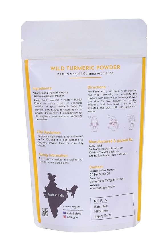 Asia Wild turmeric Powder by Asia | 100g /3.5 Oz | Kasturi Manjal | Curcuma Aromatica |100% Natural – Nothing external added | Preparing Turmeric Face Mask | For Face Packs & Face Mask-VivaGrace Women