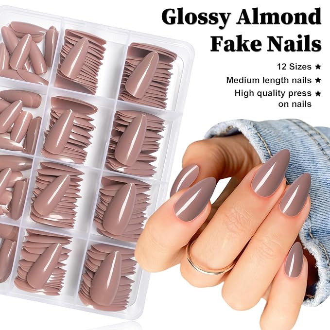 LoveOurHome 240pc Almond Press on Nails Medium Fake Nail Tips Brown Acrylic Nails Press ons Nail Almond Short Stiletto False Nail French Artificial Fingernail & Adhesive Tabs Glue for Women Girls