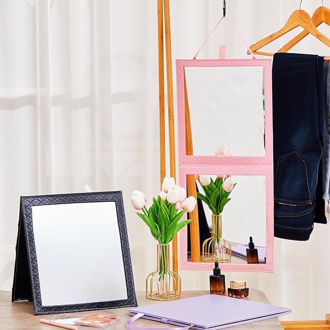 Foldable Backstage Mirror with Handle 33.5X 13.4 Inch Leather Folding Hanging Mirror Rectangular for Travel Dance Bag Home Fitness Spa Gift for Dancers(Black)