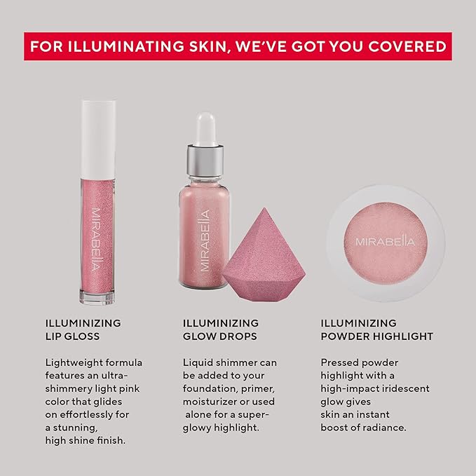 Mirabella 4-Piece Makeup Set for Women & Girls, Illuminizing Holiday Gift Set - Make-Up Set Includes Lip Gloss, Glow Drops, Powder Highlight & Blender Sponge - Talc-Free & Paraben Free Cosmetic Set-VivaGrace Women