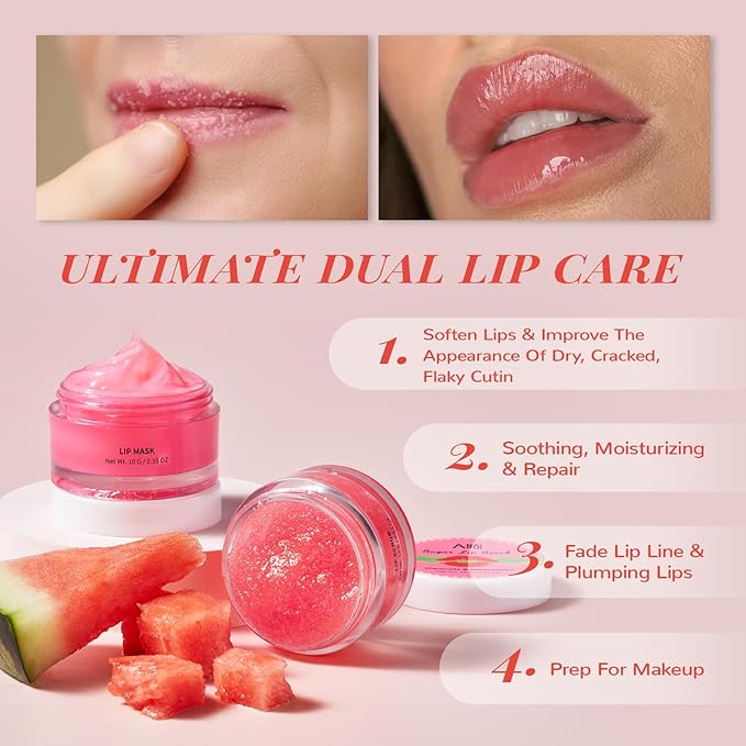 Lip Mask Set, Lip Scrub & Lip Butter, Overnight Lip Treatment Set Enriched With Skin Softening Ceramide & Watermelon and Hydrating Shea Butter, For A Softer & Smoother Pout-VivaGrace Women