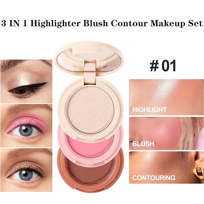 3-in-1 Blendable Trio, Contour and Highlight Blush Makeup Palette, Cream Bronzer, Silky Smooth Powder Blush, Shimmer Highlighter Makeup Powder, Pink Brown Eyeshadow Palette with Mirror(01)-VivaGrace Women