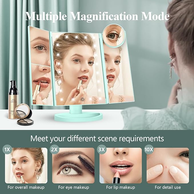 HUONUL Makeup Mirror Vanity with Lights, 2X 3X 10X Magnification, Lighted Mirror, Touch Control, Trifold Dual Power Supply, Portable LED Women Gift (Green)-VivaGrace Women