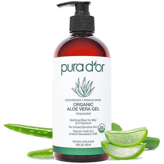 PURA D'OR 16 Oz ORGANIC Aloe Vera Gel - Unscented - All Natural - ZERO Artificial Preservatives - Deeply Hydrating & Moisturizing - Sunburn, Bug Bites, Rashes, Small Cuts, Eczema Relief - Skin & Hair-VivaGrace Women