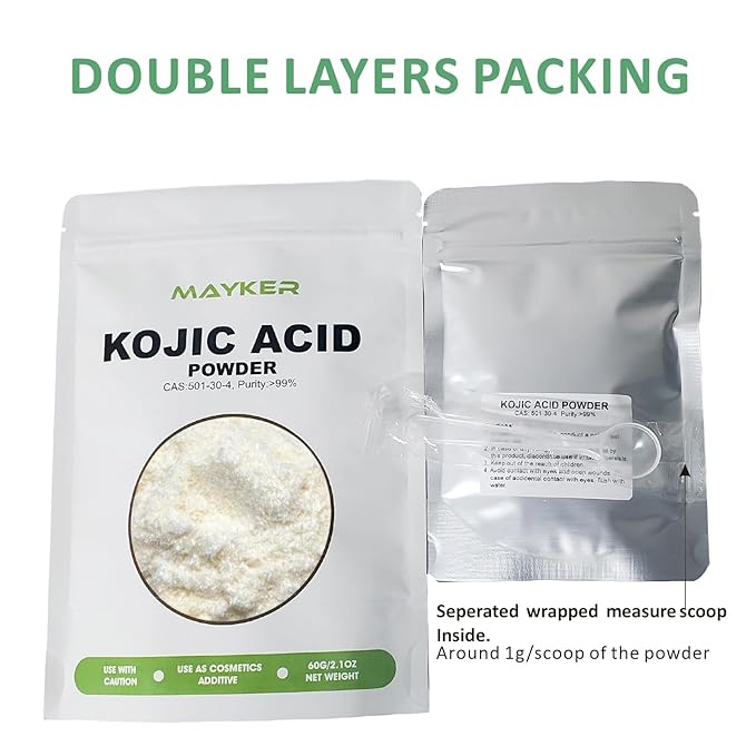 MAYKER Pure Kojic Acid Powder 2.1oz (60gram), Skin Whitening Lightening, Natural and Organic, High Purity 99.9%, Diminishes the Appearance of Dark Spots, Freckles & Scars, for DIY Soaps, Creams-VivaGrace Women