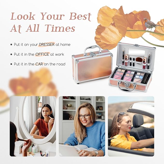 Color Nymph Beginner Makeup Kits For Teens With Train Case Included Full Makeup Kit Eyeshadow Palette Blushes Bronzer Highlighter Lipstick Brushes Mirror(Gold)-VivaGrace Women