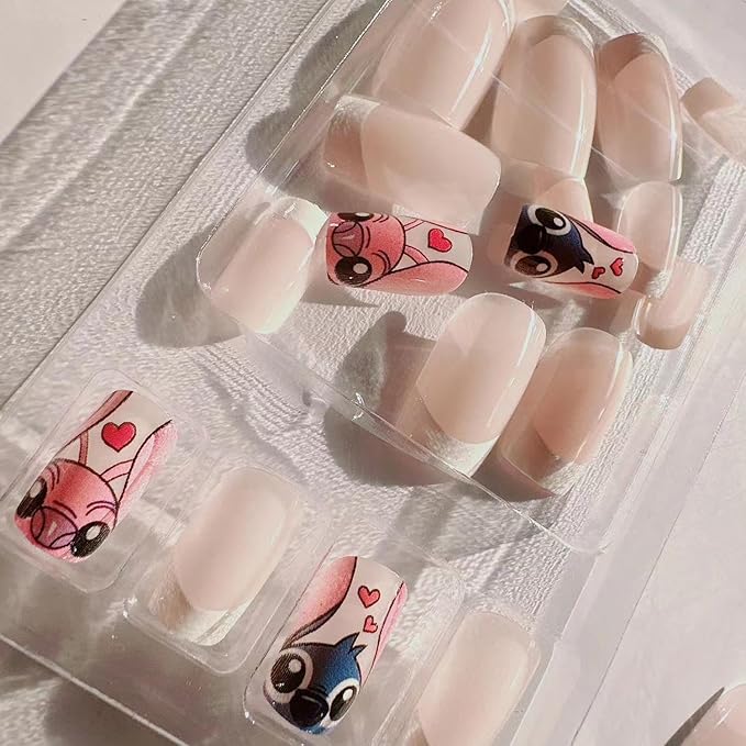 French Tip Press on Nails Short Square Cute Fake Nails with Cartoon Design French Nails Tips Full Cover Glossy Stick on False Nails for Women Party DIY Decor 24Pcs