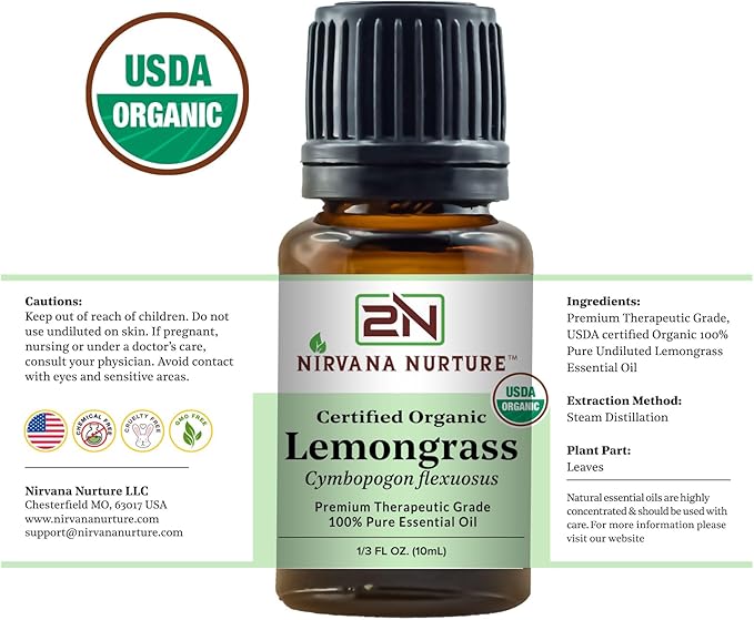 Lemongrass Essential Oil USDA Certified Organic 100% Pure Premium Therapeutic Grade, Undiluted - Aromatherapy Diffuser for Calm and Relaxation, Skin Care, Hair Care-VivaGrace Women