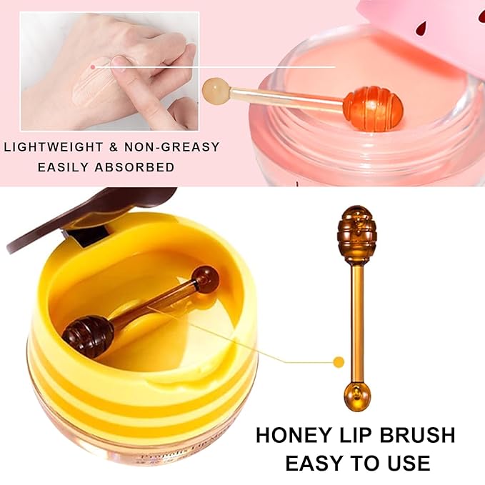 3Pcs Lip Balm Honey Pot with Stick, Honey Strawberry Apple Moisturizing and Hydrating Sleeping Lip Mask, Day and Night Repair and Care, Improve Lip Color, Reduce Lip Lines (SET B)-VivaGrace Women
