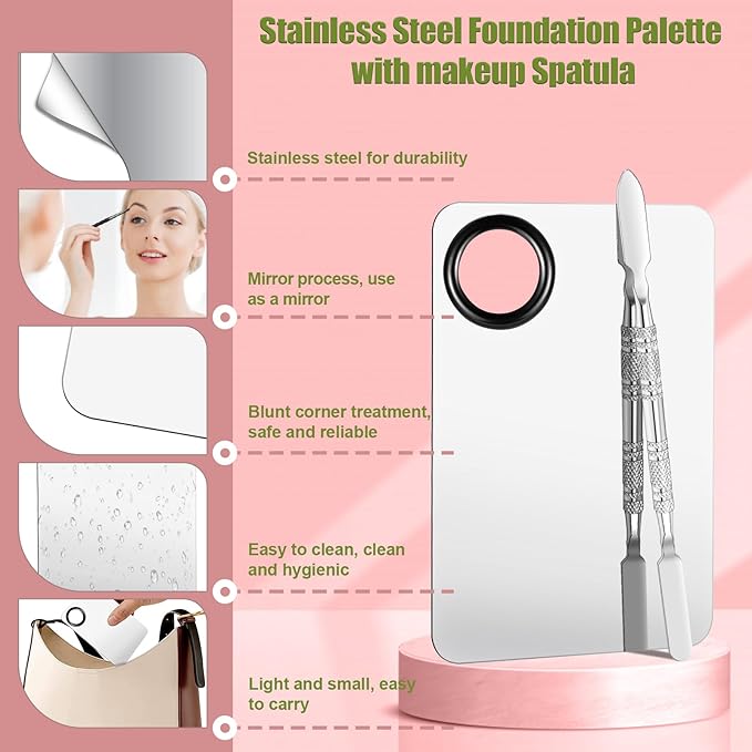 Makeup Mixing Palette Set, Makeup Hand Palette Single Use Makeup Mixing Tray Disposable Adhesive Cosmetic Makeup Palette Transparent Makeup Tape, Stainless Steel Foundation Mixing Palette with Spatula-VivaGrace Women