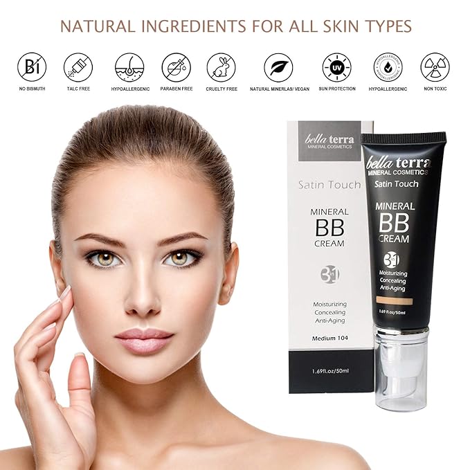 Bellaterra Cosmetics Mineral BB Cream - Tinted Moisturizer & Foundation, Hypoallergenic, Buildable Coverage, Oil-Free, Non-Comedogenic, Vegan, 1.69oz, Medium Tan 105-VivaGrace Women