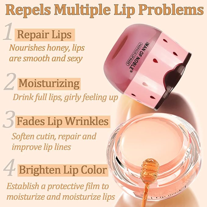 2PCS Strawberry Sleeping Lip Mask,Bee Lip Balm Lip Mask Honey Pot Propolis Moisturizing Lip Balm with Stick,Plumping Lip Hydrating Prevention Dry & Cracked Lip Scrubs Exfoliato Lip Wrinkle Care-VivaGrace Women