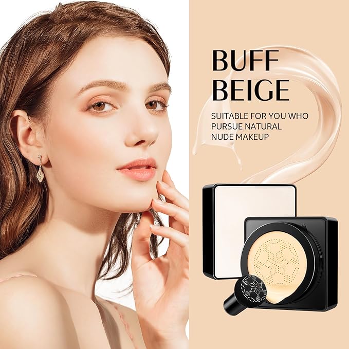 Air Cushion CC Cream Mushroom Head, Soothing Full Coverage Concealer CC Cream with Mushroom Makeup Sponge for Flawless Face Makeup (Buff Beige)-VivaGrace Women