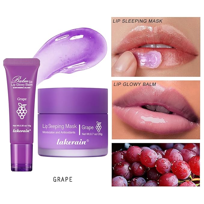 2Pcs Lip Glowy Balm and Lip Sleeping Mask Set, with 4 Flavor Options - Reduce Lip Lines, Enhance Lip Color, Hydrate & Plump Dry Chapped Lips Care (Grape)-VivaGrace Women