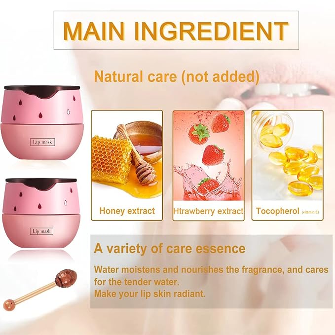 Strawberry Lip Sleeping Mask,Plumping Lip Hydrating Bee Lip Balm Honey Pot Propolis Moisturizing Lip Balm With Stick,Lip Exfoliating Bee Lip Balm Sleeping Lip Mask-VivaGrace Women