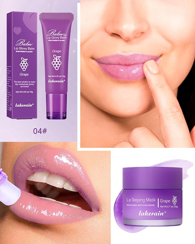 2Pcs Lip Glowy Balm & Lip Sleeping Mask Set,Hydrating Nourishing Repair Sleeping Lip Mask,Glossy Tinted Lip Balm,Day & Night Smooth Cracked Chapped Dry Lip,Lip Care Therapy Treatment for Women-04Grape-VivaGrace Women