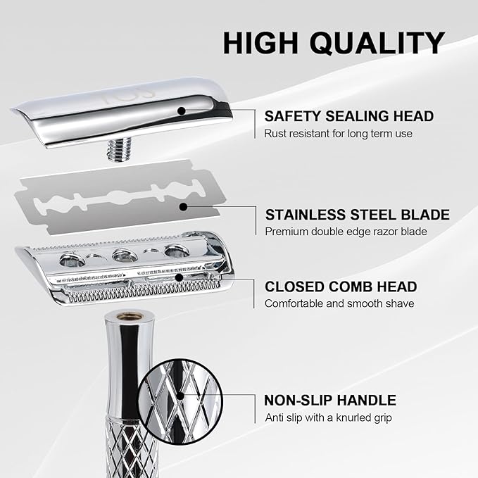 Double Edge Safety Razor for Men with Stand and Silicone Cover - Durable Metal Eco-Friendly Single Blade Safety Razor with 10 Blades- Closed Smooth Shave (Silver)-VivaGrace Women
