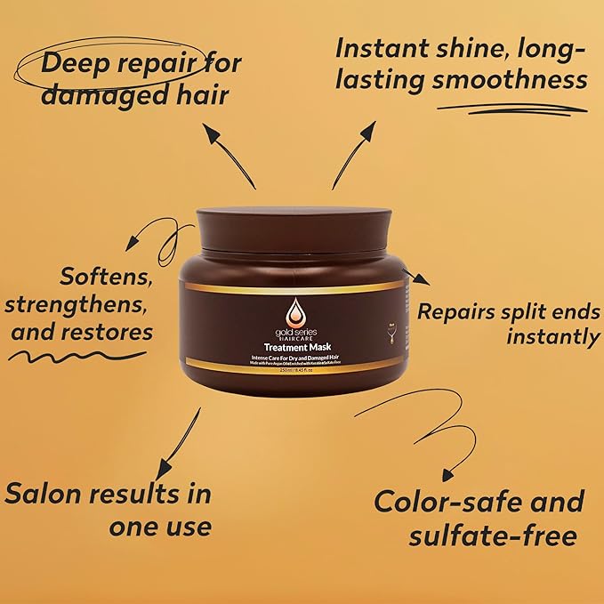 Gold Series Treatment Mask – Deep Hydrating Argan Oil Hair Mask for Dry, Damaged, Color Treated and Curly Hair Enriched with Keratin – Sulfate Free Natural Hair Repair Treatment, 8.45oz-VivaGrace Women