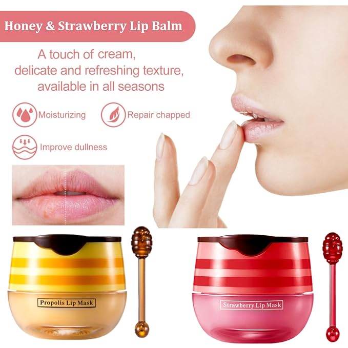 Bee Lip Balm Honey Pot,Honey Lip Mask Propolis Moisturizing Lip Balm with Stick,Hydrating and Prevention Dry and Cracked Lip Scrubs Exfoliator (2 PCS, Honey & Strawberry)-VivaGrace Women