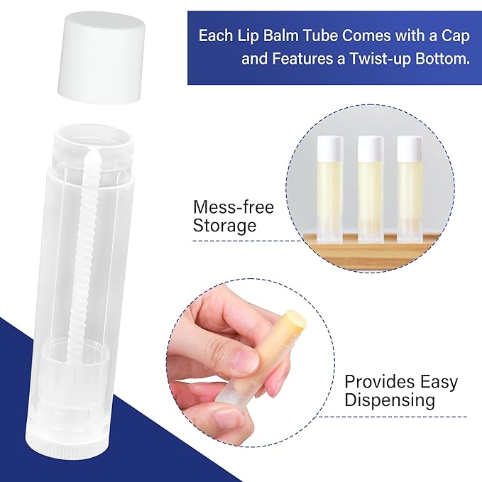 LotFancy Lip Balm Tubes, 60 Empty, 5.5ml, Clear Plastic Containers with 4 Color Caps, BPA Free, Leak Free, Refillable (Yellow White Blue Red)-VivaGrace Women