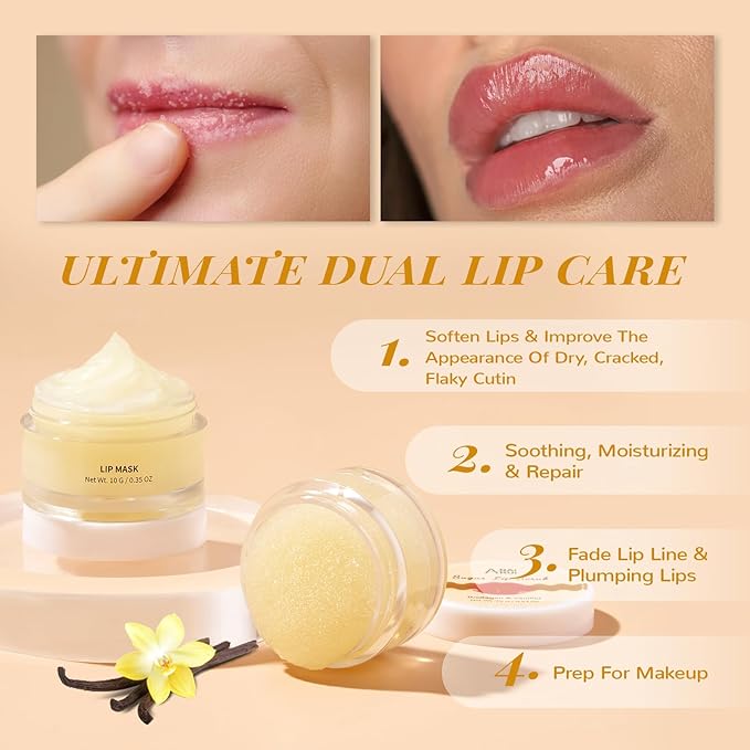 ANAI RUI Lip Mask and Scrub Set, Lip Sleeping Mask & Lip Exfoliator/Scrub for Exfoliating & Lip Overnight Treatment, Lip Care Gift Kits for Dry, Chapped & Dark Lips, Reduce Fine Lines, Vanilla-VivaGrace Women