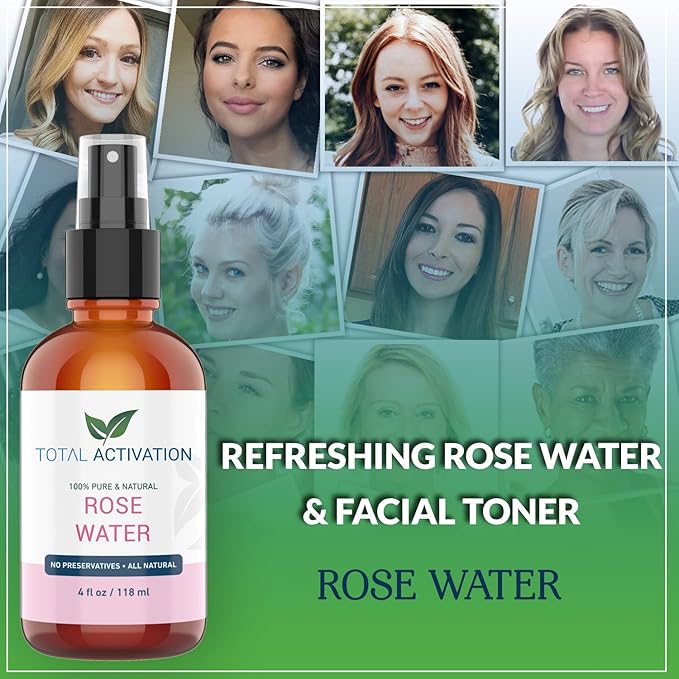 Large 4 oz 100% Pure, Organic Moroccan Rose Water Spray Face Toner, Skin Body Hair Spray, Eye Makeup Remover Alcohol Free Toner Minimizes Scar Hydrating Soothing Mist for Dry Oily Combination Skin-VivaGrace Women