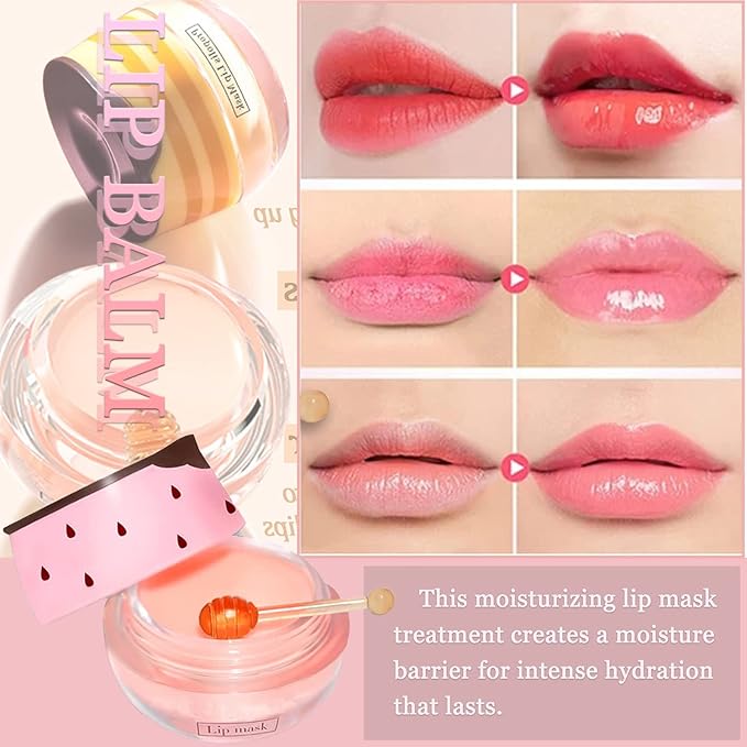 Bee Lip Balm Honey Pot, 2 PCS Strawberry & Honey Lip Masks Hydrating Prevention Dry and Cracked Lip Scrubs Exfoliator,Lip Sleep Mask Reduces Lip Lines,Lip Exfoliating BeeLip Balm Sleeping Lip Mask-VivaGrace Women