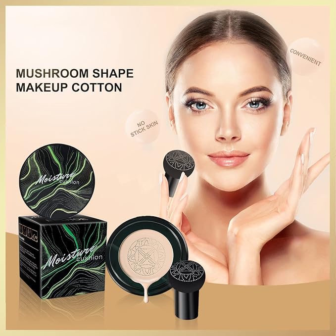 Mushroom Head Air Cushion CC Cream, Long-Lasting Brightening BB Cream Foundation With Powder Puff for Face Makeup and Mature Skin, Moisturizing Full Coverage Self Adjusting Concealer (Buff Beige)-VivaGrace Women