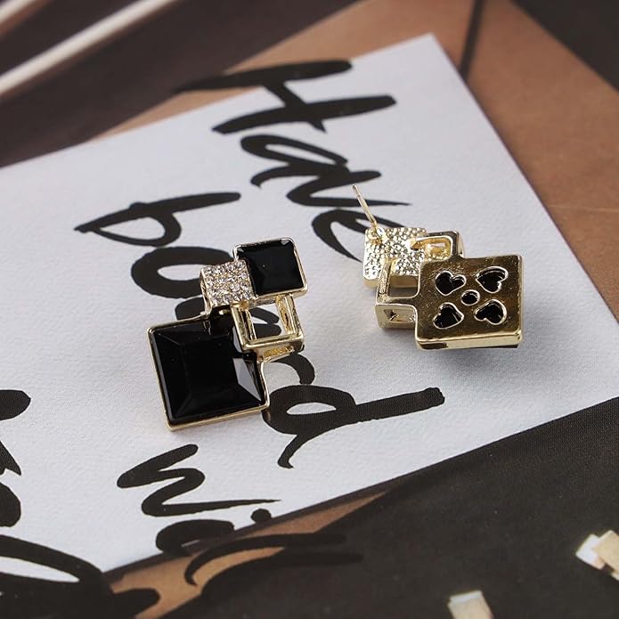 Vintage Crystal Square Drop Earrings Black Square Stud Earrings Gold Hollow Square Dangle Earrings Black Onyx Square Earrings Jewelry for Women-VivaGrace Women
