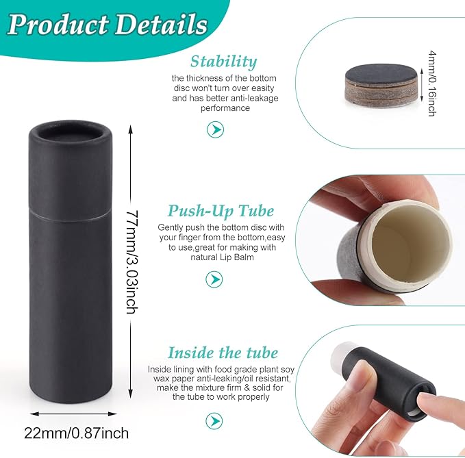 15 Pcs 0.3 oz Paperboard Lip Balm Tubes,Empty Kraft Paper Chapstick Tube Holder,Push-Up Style Biodegradable Solid Perfume Lip Gloss Container for DIY Homemade Balm Container,Natural Packaging- Black-VivaGrace Women