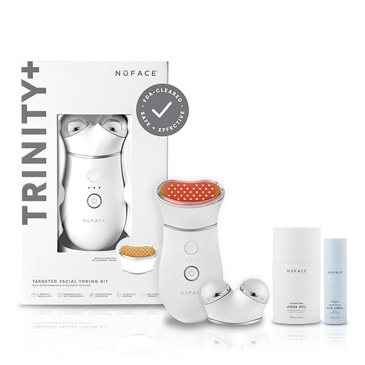 NuFACE TRINITY+ Microcurrent Facial Device + LED Red Light Wrinkle Reducer Attachment - FDA Cleared Skin Tightening Device + Microcurrent Gel Activator & Silk Creme-VivaGrace Women