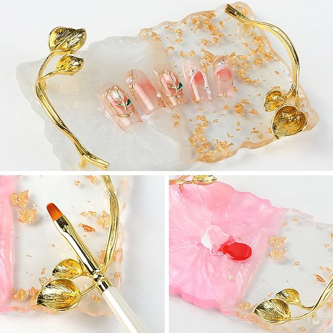 2023 Retro Nail Art Palette, Nail Painting Mixed Color Palette with Leaves Handle, Nail Holder Gel Color Makeup Display Board Pallet (Pink)-VivaGrace Women