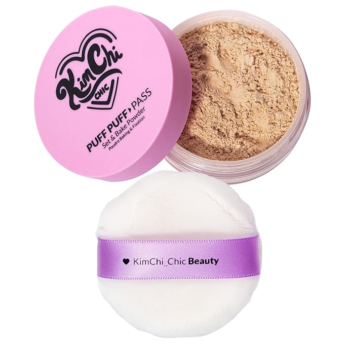 Kimchi Chic Beauty Puff Puff Pass Set and Bake Powder, Loose Face Powder with Extra Fluffy Setting Powder Puff, Soft Peach Face Makeup for Uneven Skin Tone, 04 Peachy-VivaGrace Women