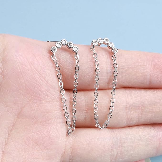 Boho Rhinestone Circle Studs Earrings Silver Cz Hoop Drop Earrings Circle Tassel Dangle Earrings Drop Chain Earrings Jewelry for Women and Girls Gifts-VivaGrace Women