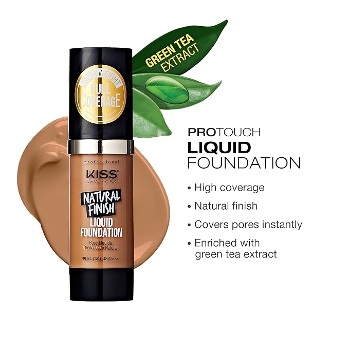 Kiss New York Professional Liquid Foundation - Lightweight and Hydrating Formula, Natural Finish, Control Shine, Cover Pores, Medium to Full Coverage, Green Tea Extract (Warm Honey)-VivaGrace Women