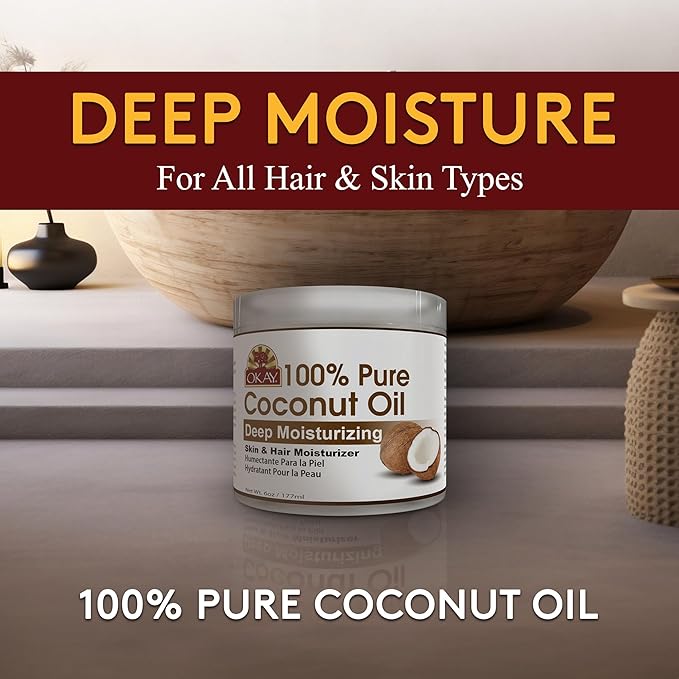 Okay 100% Pure Coconut Oil for Hair & Skin - Coconut Oil for Women & Men, Perfect for Hair & body, Natural Massage Oil & Moisturizer - 6 fl oz Jar (Pack of 1)-VivaGrace Women