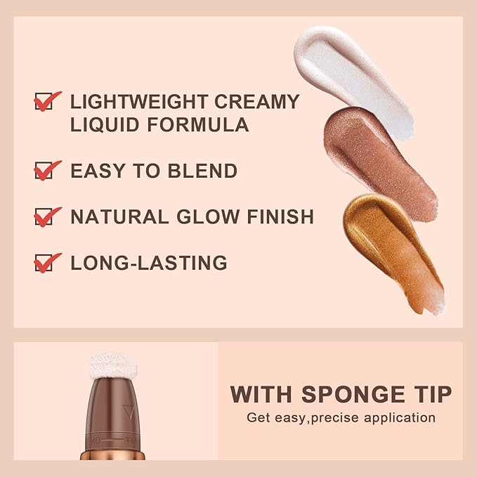 Mysense Liquid Highlighter Beauty Wand,Highlight Bronzer Stick with Sponge Tip,Silky Cream Glowing Face Highlighter Shimmer Finish,Lightweight Face Illuminator Makeup,#04 Highlighter-Pearl White-VivaGrace Women