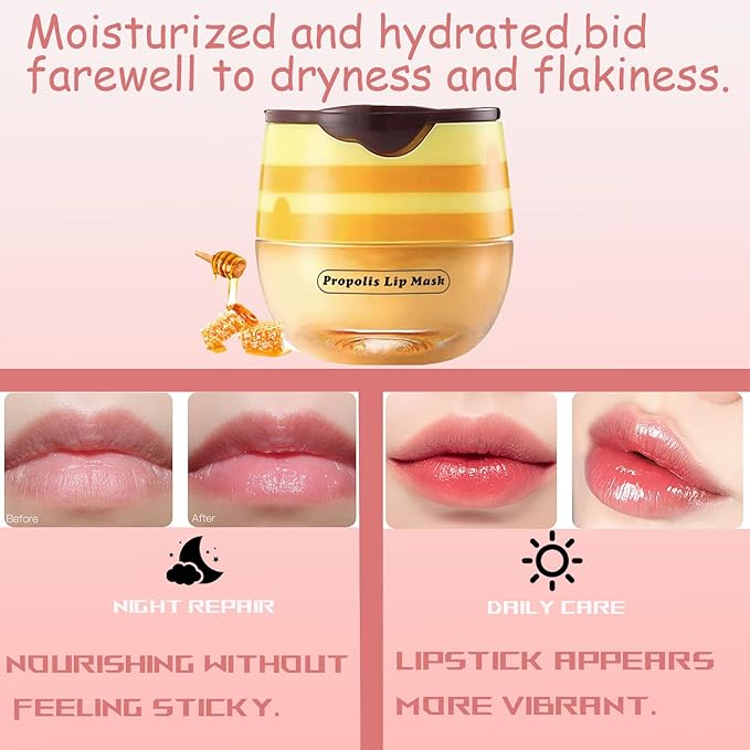 1 PCS Bee Lip Balm Honey Pot, Exfoliating Honey Bee Lip Balm Sleeping Lip Mask Overnight with Sticks, Honey Pot Lip Balm Prevention Dry Hydrating and Crack Lip Scrubs-VivaGrace Women