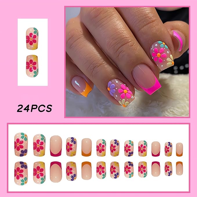 French Tip Press on Nails Square Short Fake Nails Pink False Nails with Colorful Designs Glossy Acrylic Nails Spring Summer Floral Glue on Nails for Women Nail Art Decorations
