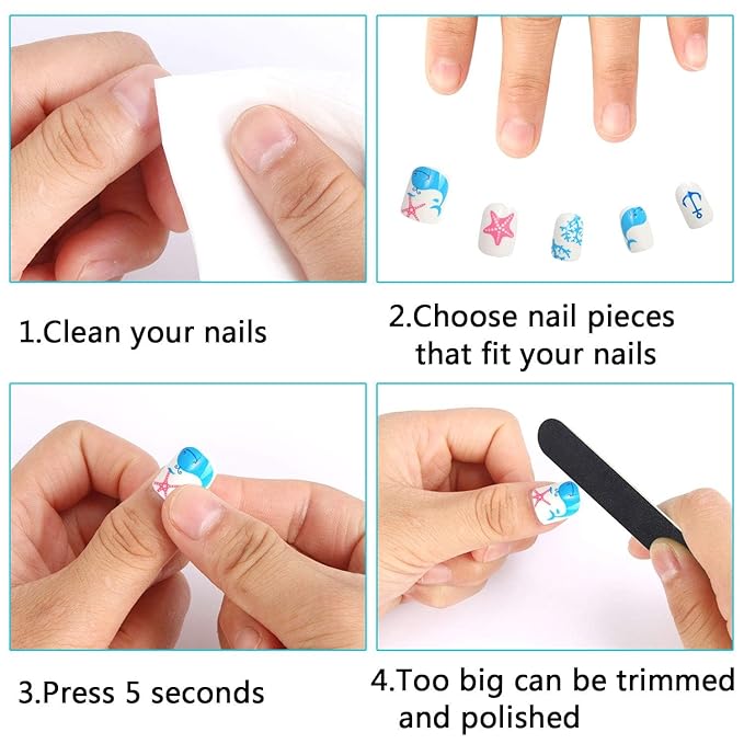 JANYUN 96 Pcs Fake Nails for Kids Pre-glue Full Cover Short False Nails Children Nails Lovely Gift