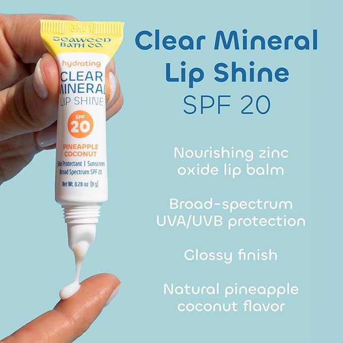 Seaweed Bath Co. Hydrating Clear Mineral Lip Shine SPF 20 Sunscreen Zinc Oxide Lip Balm, 0.28 Oz, Moisturizing Care for Dry, Chapped Lips-VivaGrace Women